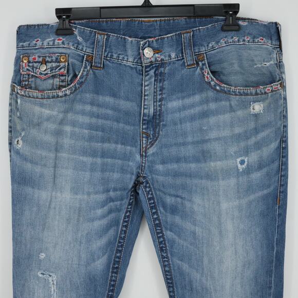 True Religion Jeans Mens 40 x 34 Waist Blue Denim Skinny Flap Pockets Distressed - Picture 6 of 16